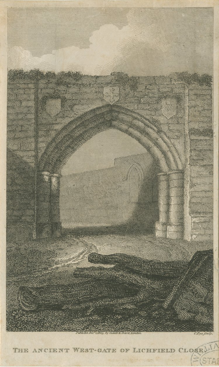Lichfield - Ancient West Gate of The Close: gravering, nd [c 1805] (trykk) av School English