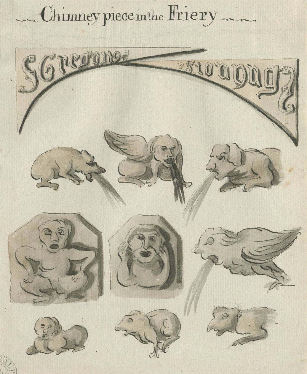 Lichfield - Chimney Piece in the Friary: penn- og vasketegning, nd [?sent 18. århundre] (tegning) av School English