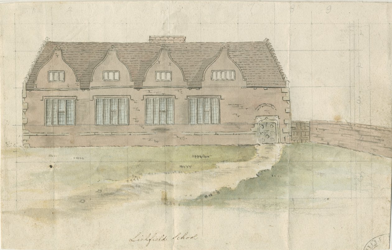 Lichfield - Grammar School: akvarellmaling og [slutt på 1700-tallet] (maleri) av School English