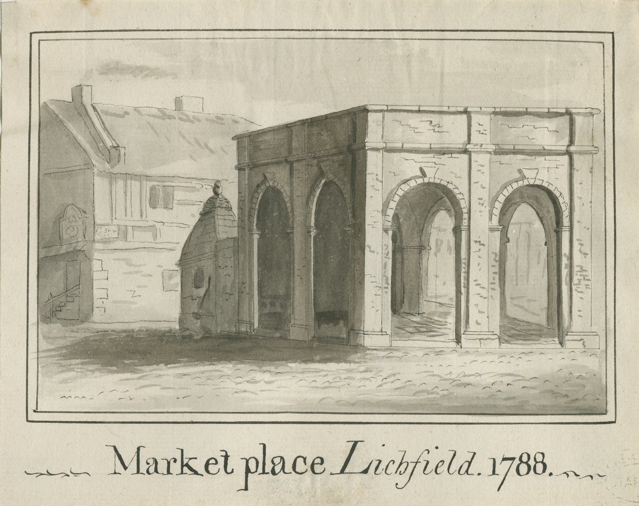 Lichfield - Market Place: sepia vask tegning av School English