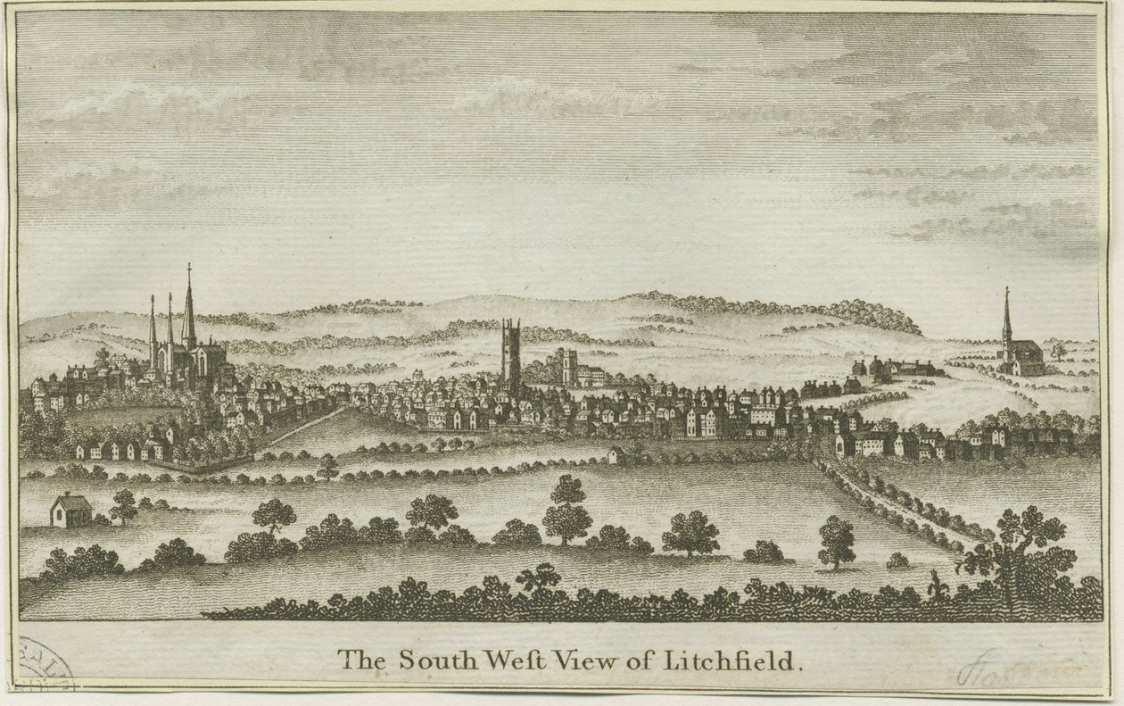 Lichfield - South West View: kobberplategravering, nd [sent på 1700-tallet] (trykk) av School English