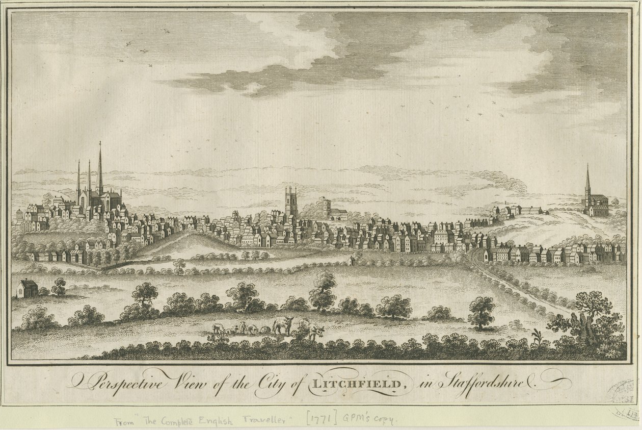 Lichfield - South West View: gravering, nd [1771] (trykk) av School English