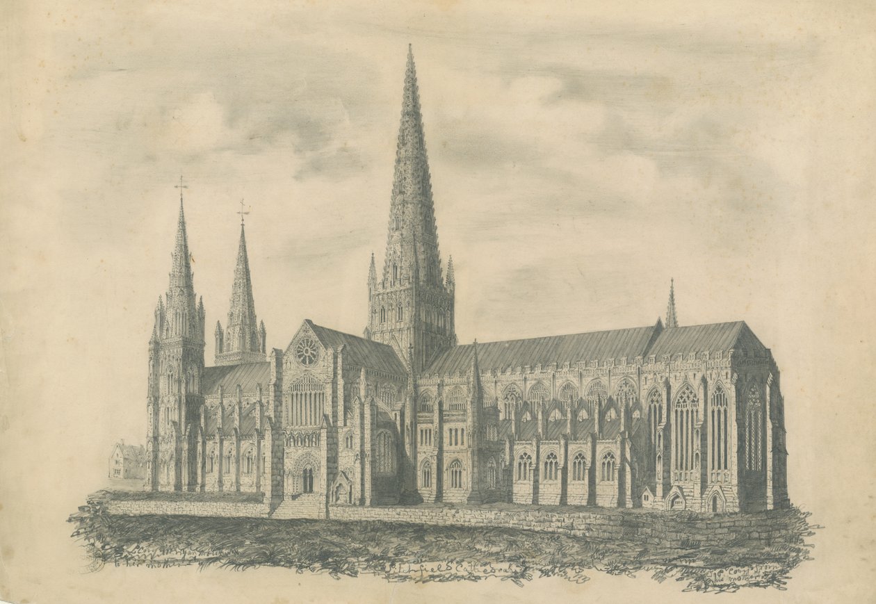 Lichfield Cathedral - South East View: gravering, nd [?19th cent] (trykk) av School English