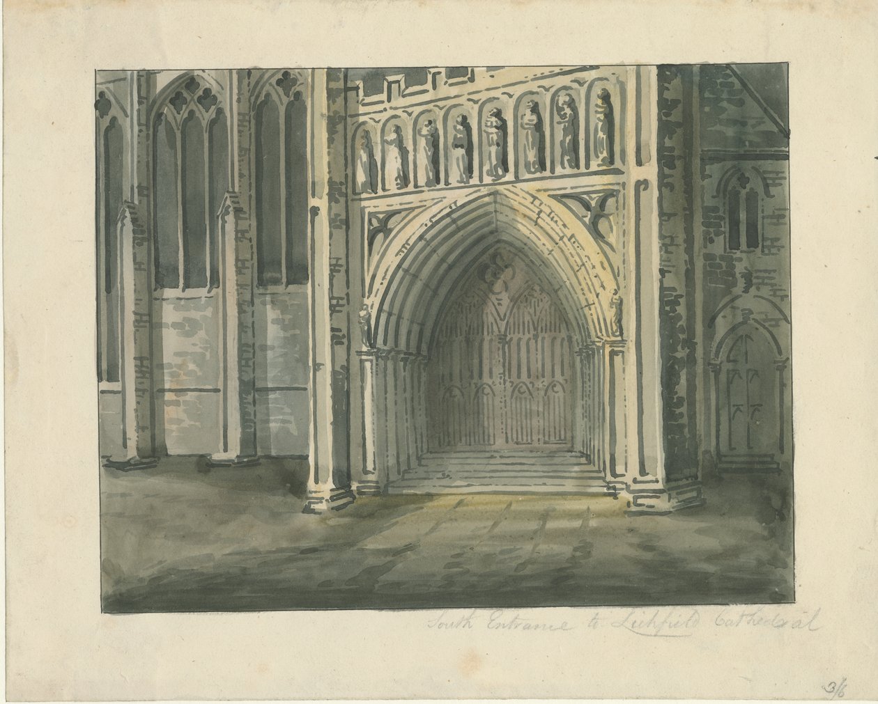 Lichfield Cathedral - South Transept: akvarellmaleri, nd [?1800-tallet] (maleri) av School English