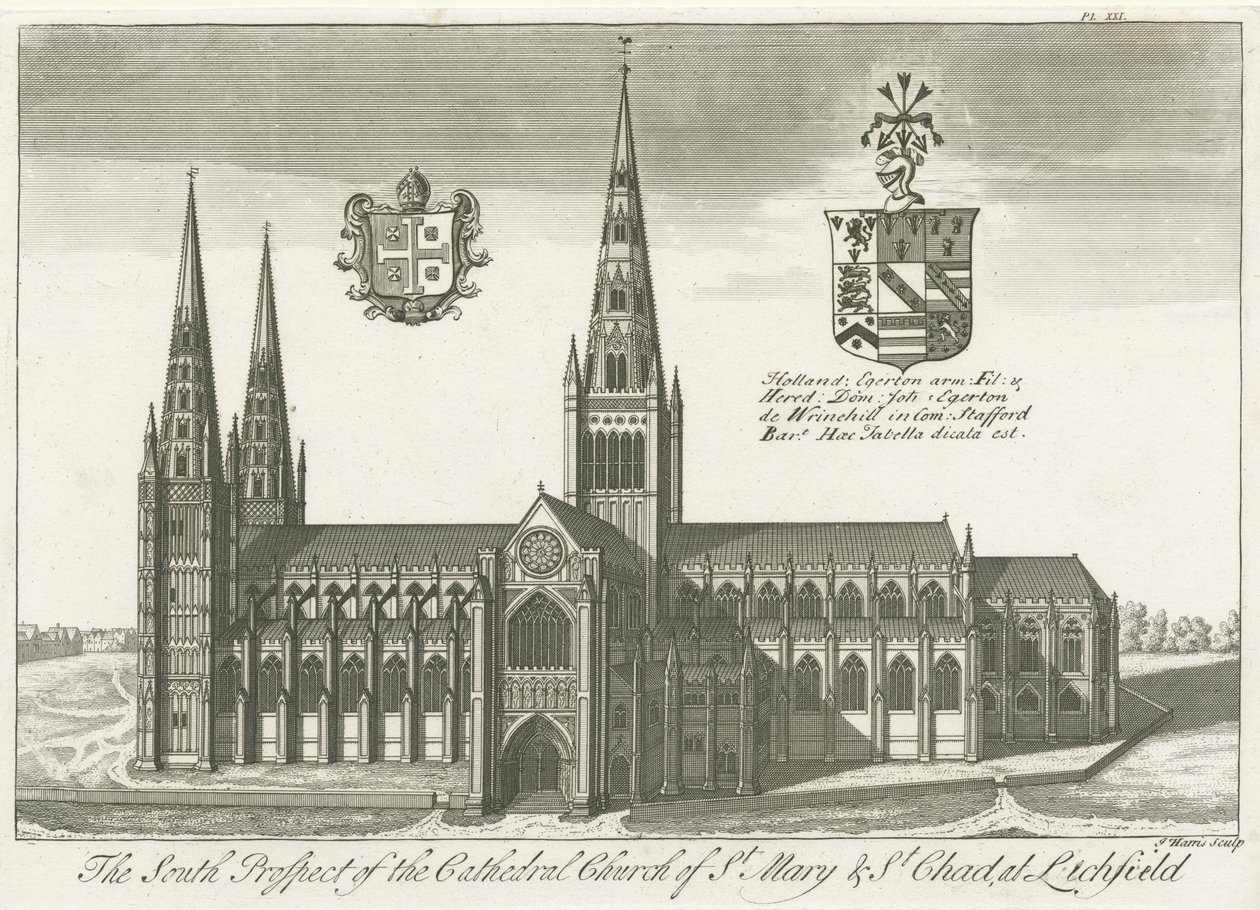 Lichfield Cathedral - South View: gravering, og [?tidlig 1700-tall] (trykk) av School English