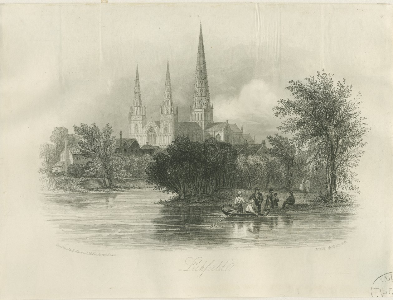 Lichfield Cathedral - South West View: gravering (vignettert), nd [c 1842] (trykk) av School English