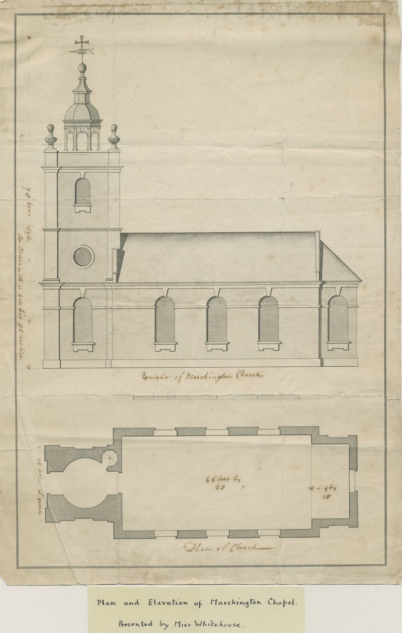 Marchington Church - Eksteriør elevasjon og interiørplan: pennetegning, nd [midten av 1700-tallet] (tegning) av School English