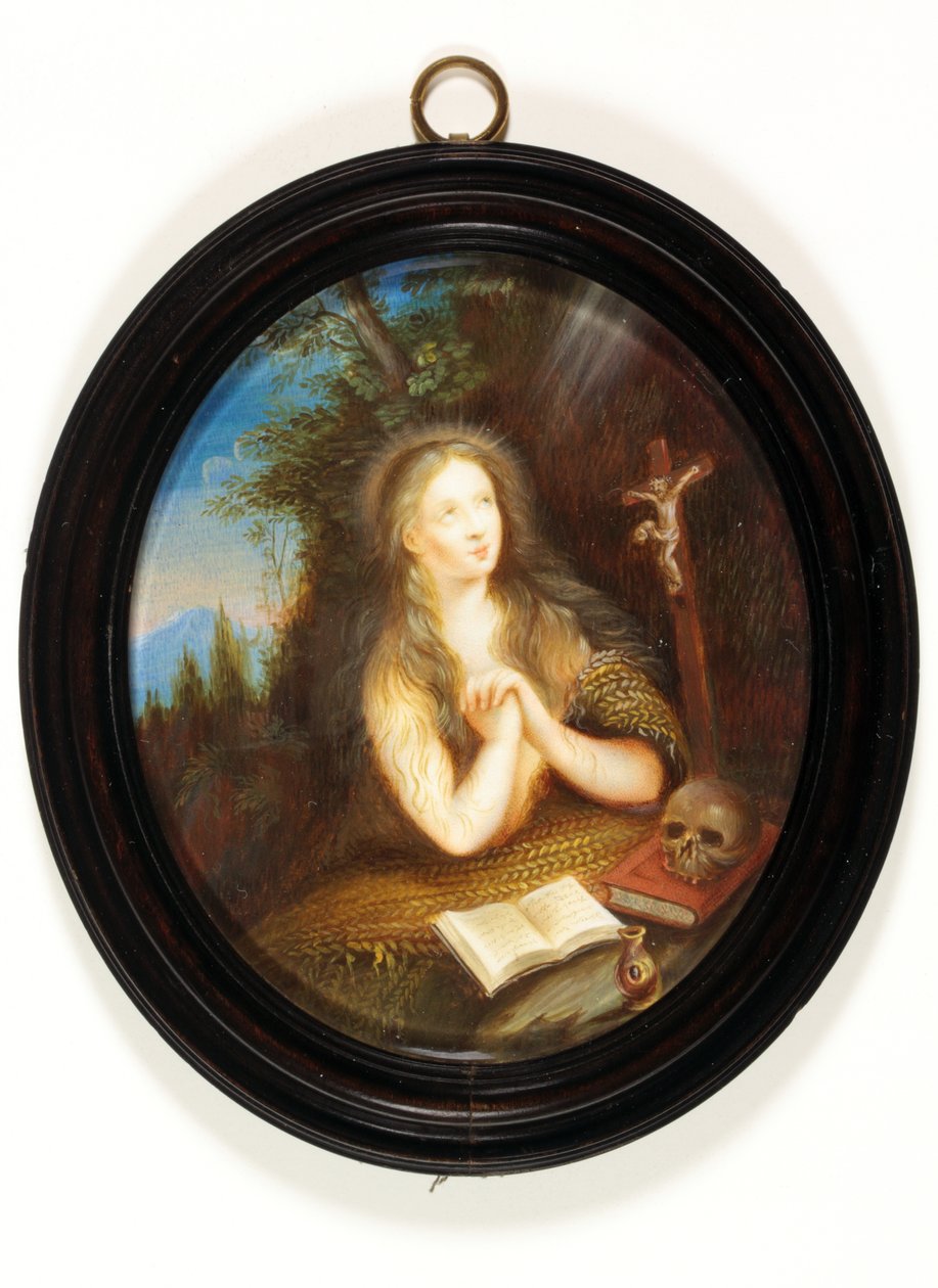 Maria Magdalena lener seg mot en bank med øynene hevet til et krusifiks (emalje) av School English