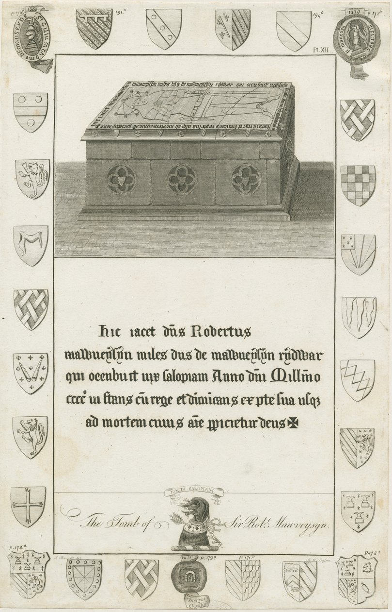 Mavesyn Ridware - Tomb of Sir Robert Mavesyn: gravering, nd [sent 18th cent] (trykk) av School English