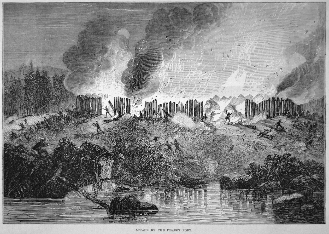 Hvite nybyggere i New England angriper det indiske fortet Pequot under Pequot-krigen i 1637 (gravering) av School English