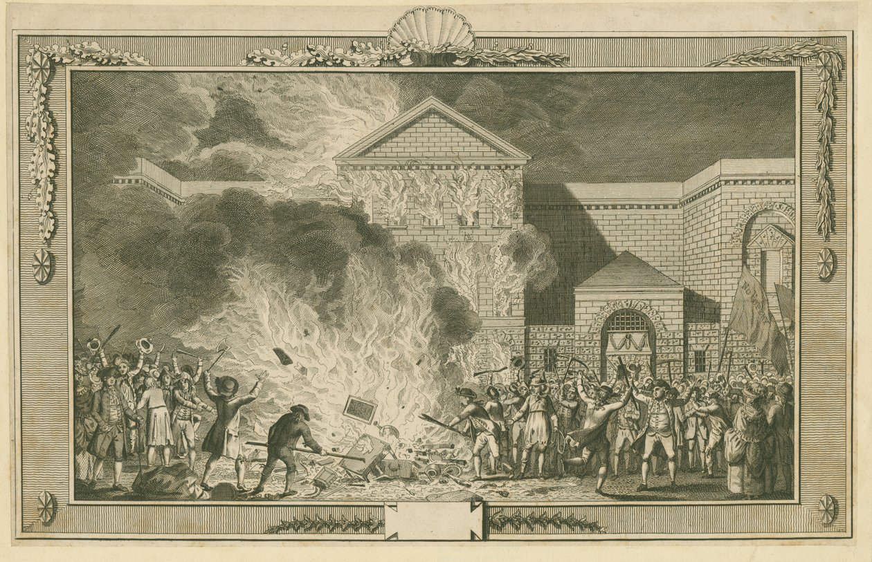Newgate Prison and the Gordon Riots (etsing) av School English