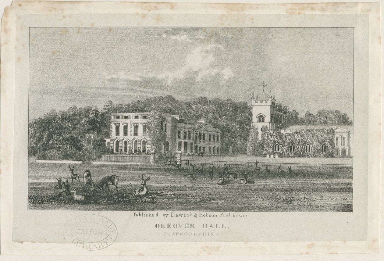 Okeover Hall - litografi, nd [c 1839] (trykk) av School English