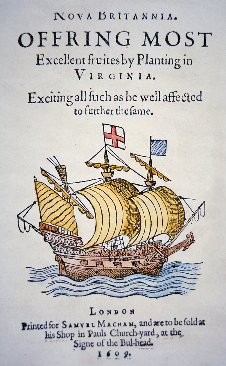 Brosjyre som oppmuntrer kolonister til å dra til Virginia i Amerika, utgitt i 1609 (farge litho) av School English