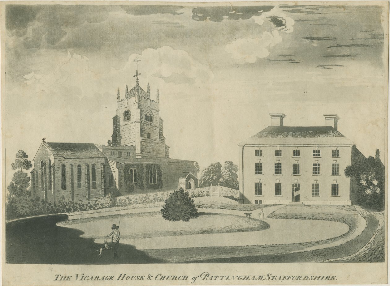 Pattingham Church and Vicarage House: akvatintgravering, nd [? sent på 1700-tallet] (trykk) av School English