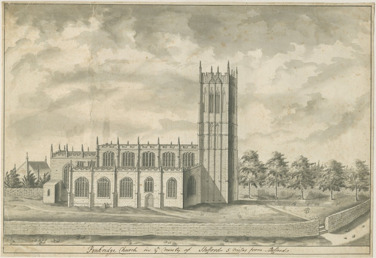 Penkridge Church: penn og vask tegning, nd [slutten av 1700-tallet] (tegning) av School English