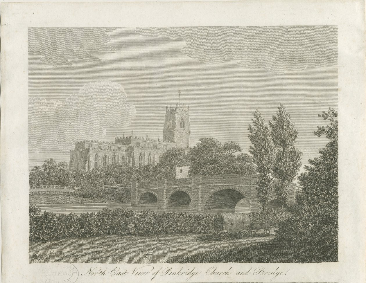 Penkridge Town - Church and Bridge: gravering, nd [sent 18th cent] (trykk) av School English