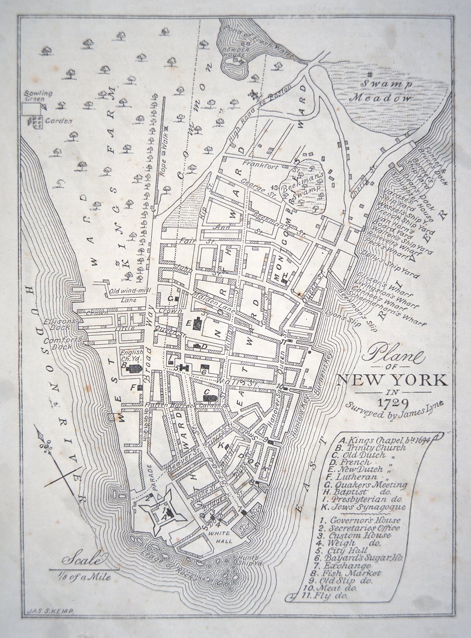 Plan over New York i 1729 (litho) av School English