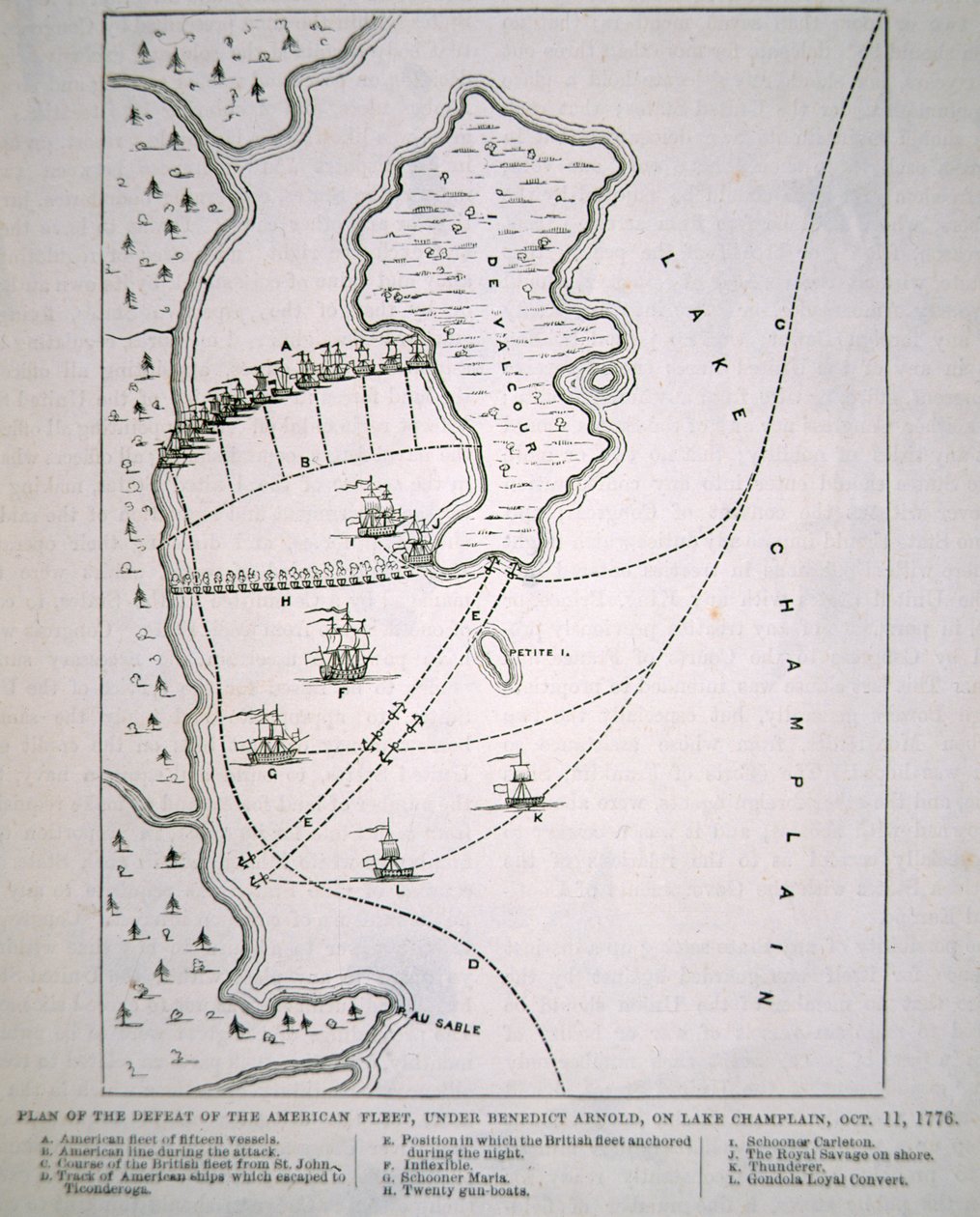 Plan for nederlaget til den amerikanske flåten på Lake Champlain (litho) av School English
