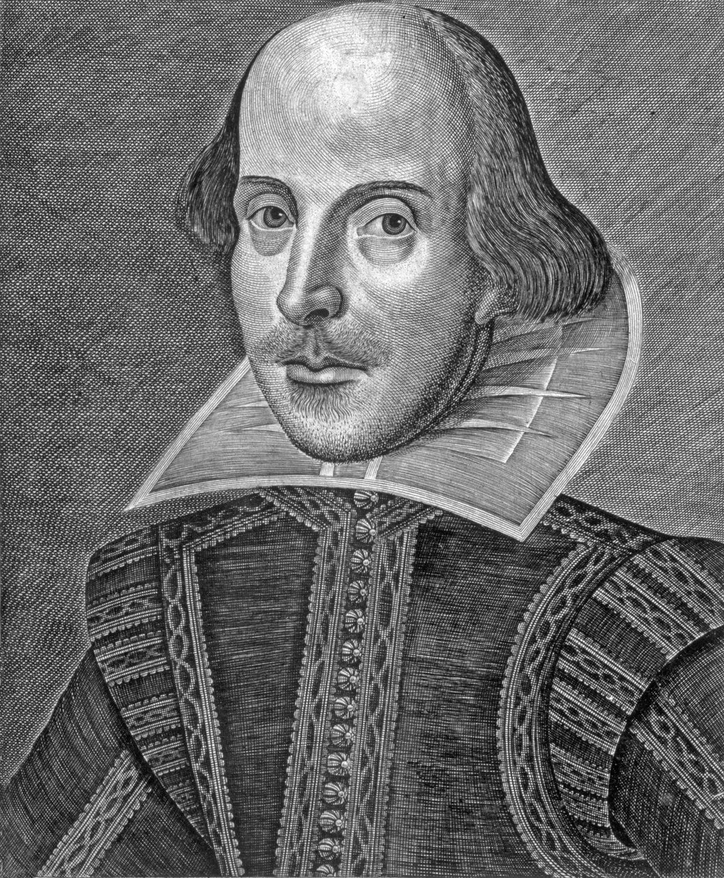 Portrett av William Shakespeare, gravert av Martin Droeshout (ca. 1560-c. 1642) av School English