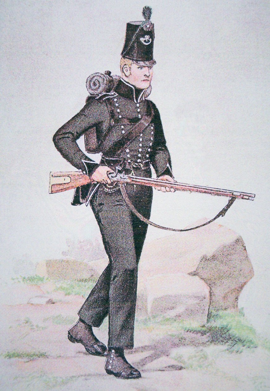 Menig fra 95th Rifles, ca. 1810, bevæpnet med Baker Rifle, designet av Ezekiel Baker fra London (farge litho) av School English