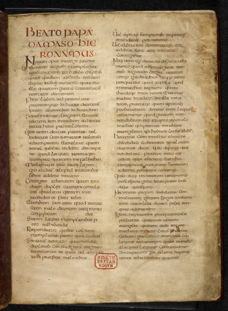 Royal MS Q E VI f.2r Side fra evangeliene (den kongelige bibel) (vellum) av School English