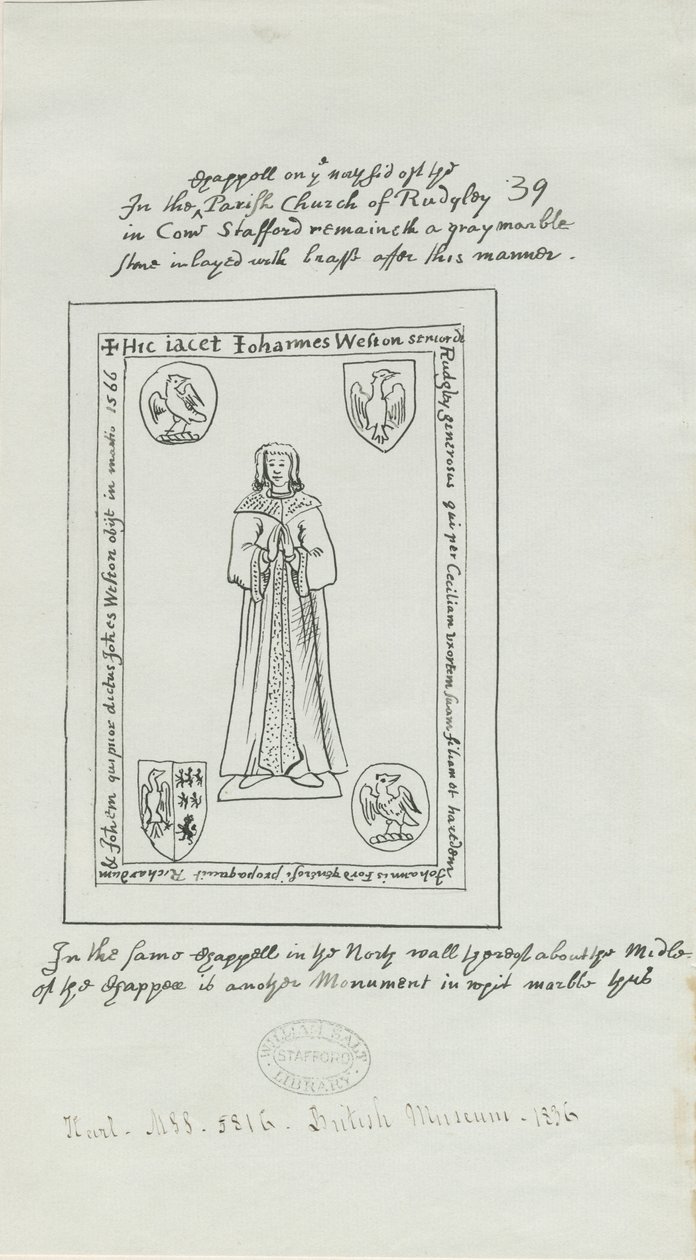 Rugeley Church (gamle) - Monument til John Weston: penn- og blekktegning av School English