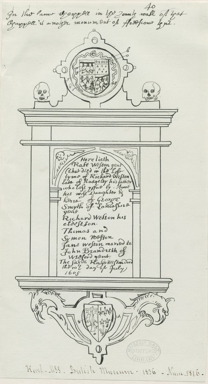 Rugeley Church (gamle) - Monument til Rafe Weston: penn- og blekktegning av School English