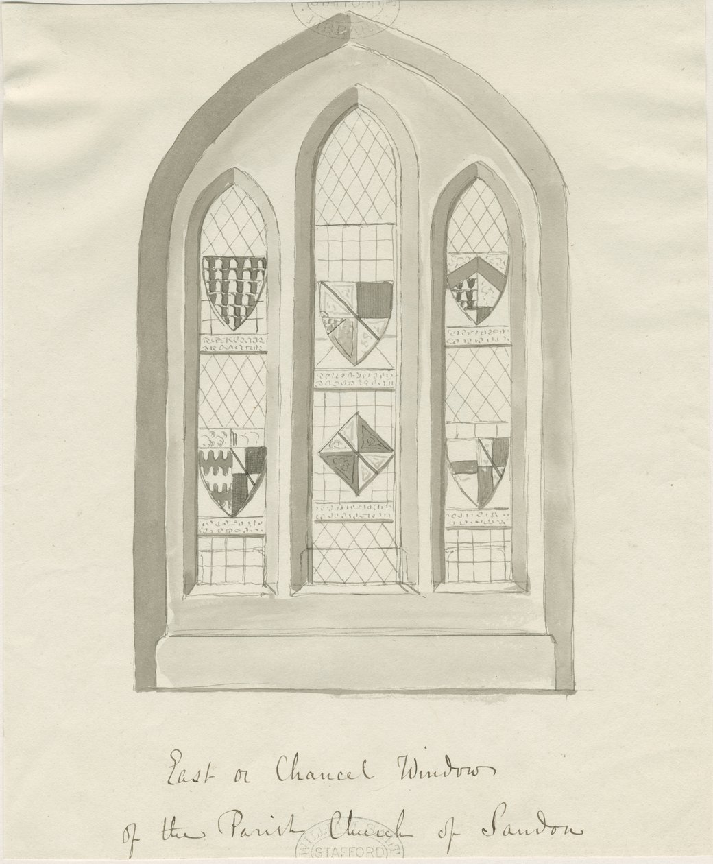 Sandon Church - East window of Chancel: sepia vask tegning, nd [?18th cent] (tegning) av School English