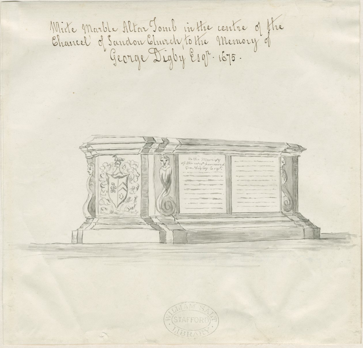 Sandon Church - Tomb of George Digby: sepia vask tegning, nd [?18th cent] (tegning) av School English