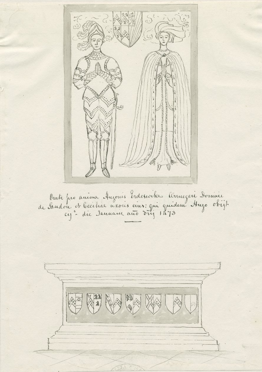 Sandon Church - Tomb of Hugh Erdeswicke og Cecilia [Bassett]: penn- og blekktegning, nd [?18th cent] (tegning) av School English