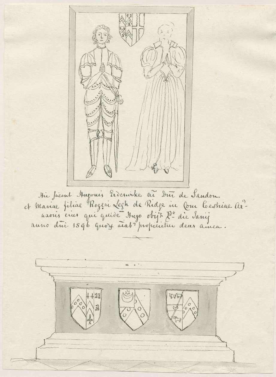 Sandon Church - Tomb of Hugh Erdeswick og Mary [Legh]: penn og vask tegning, nd [?18th cent] (tegning) av School English