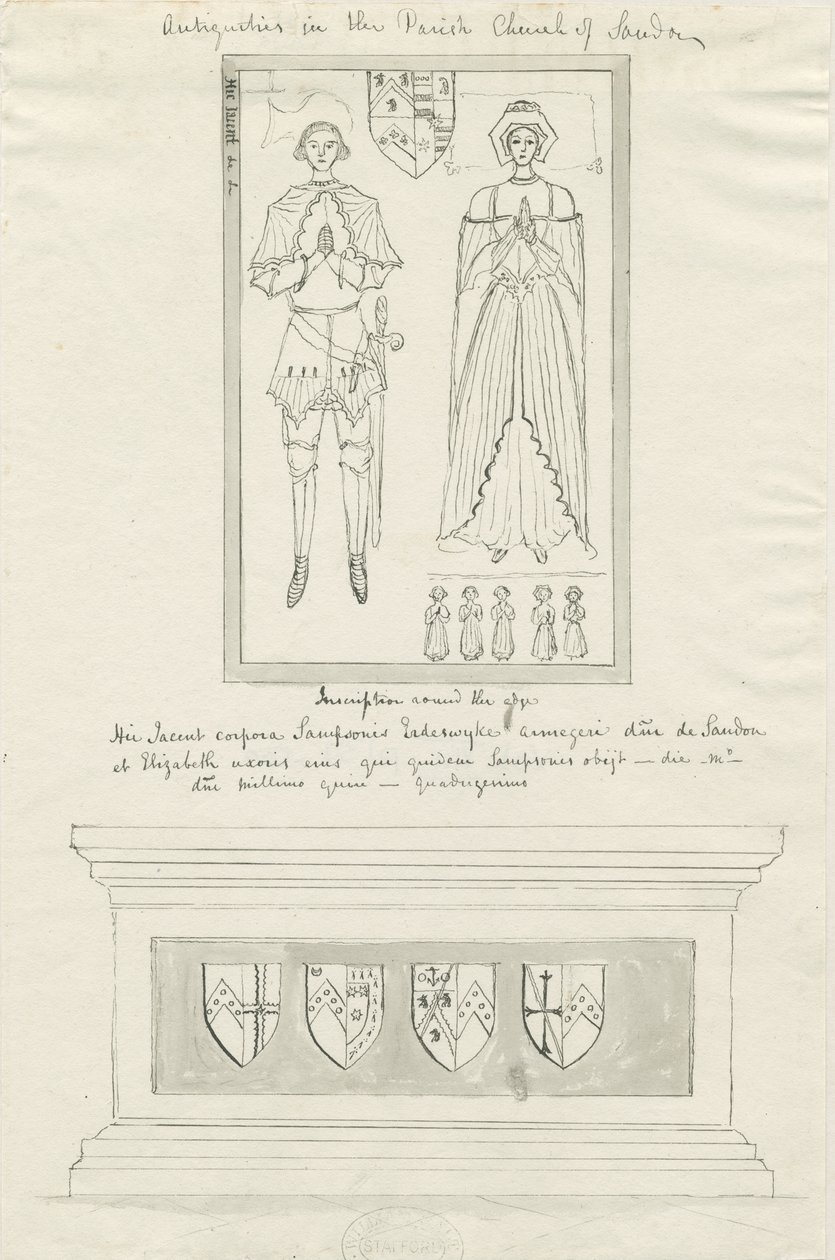 Sandon Church - Tomb of Sampson Erdeswick og Elizabeth [Grå]: penn- og blekktegning, nd [18. århundre] (tegning) av School English