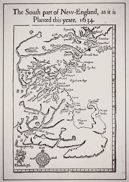 Sør-delen av New England slik den er plantet i år 1634 (litho) av School English