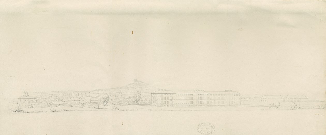 Stafford - View of Town: blyanttegning, nd [?1800-tallet] (tegning) av School English