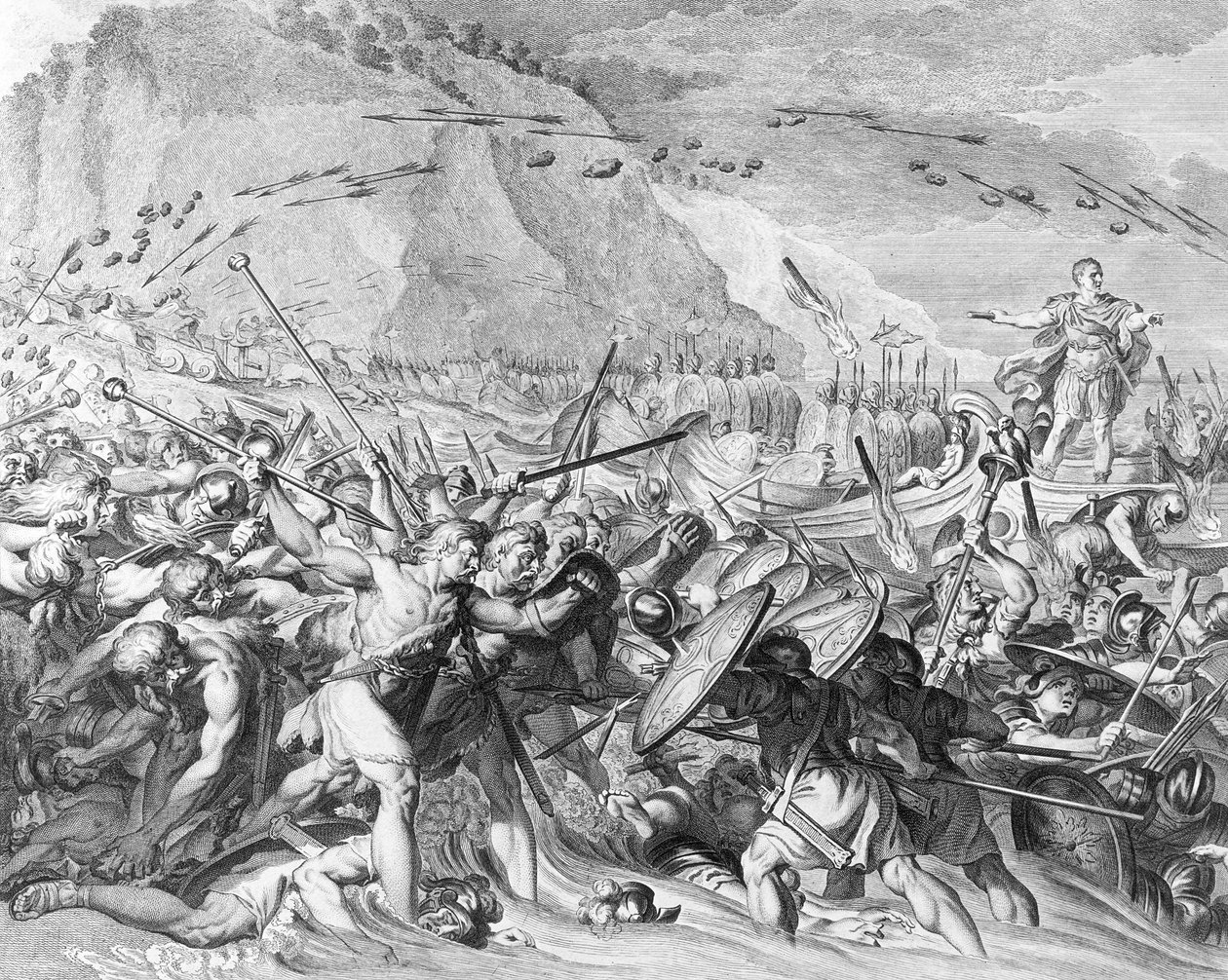 Julius Cæsars landgang i England i 55 f.Kr. (gravering) (s/h-foto) av School English