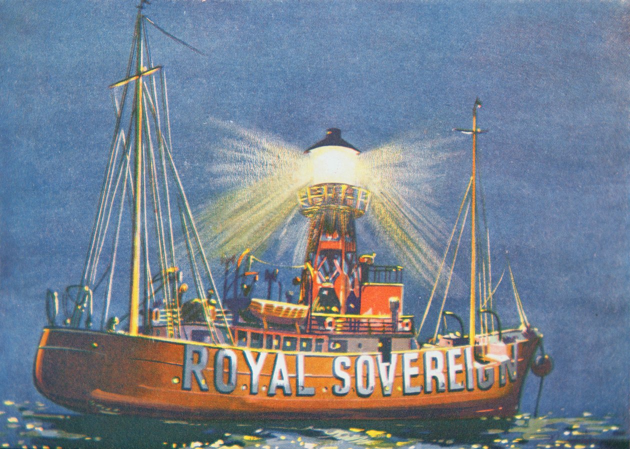 The Royal Sovereign Lightship, stasjonert utenfor Beachy Head, Storbritannia (farge litho) av School English