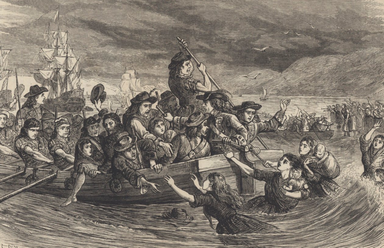 The Wild Geese - Jacobite irske soldater forlater Limerick for Frankrike i 1691 (gravering) av School English