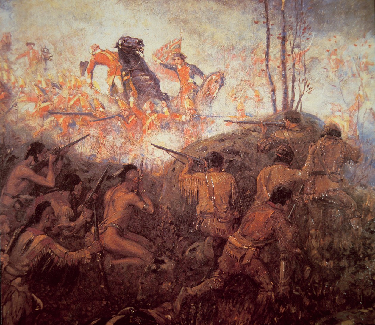 General Braddocks død nær Fort Duquesne (olje på lerret) av School English