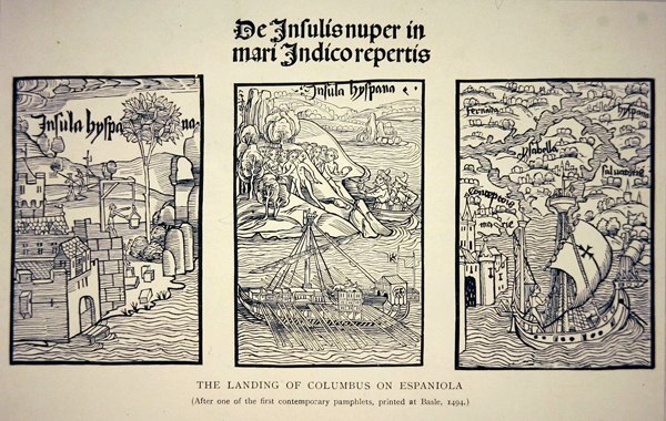 Landingen av Columbus på Espaniola, etter en samtidig brosjyre publisert i Basel i 1494 (litho) av School English