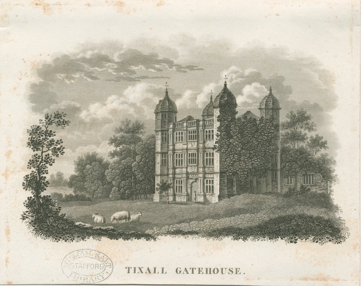 Tixall Hall - Gatehouse: gravering (vignetter) og [begynnelsen av 1800-tallet] (trykk) av School English