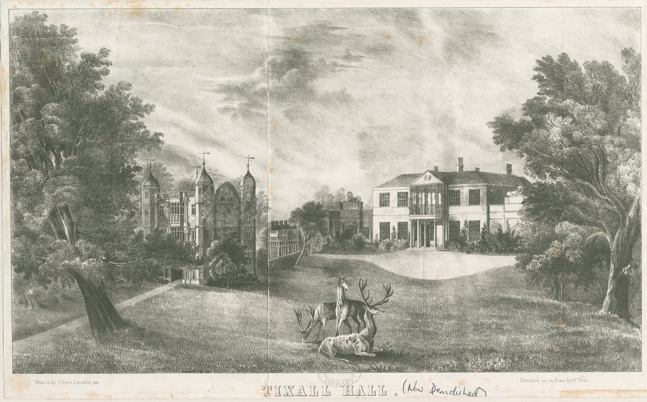 Tixall Hall and Gatehouse: litografi, nd [c 1833] (trykk) av School English