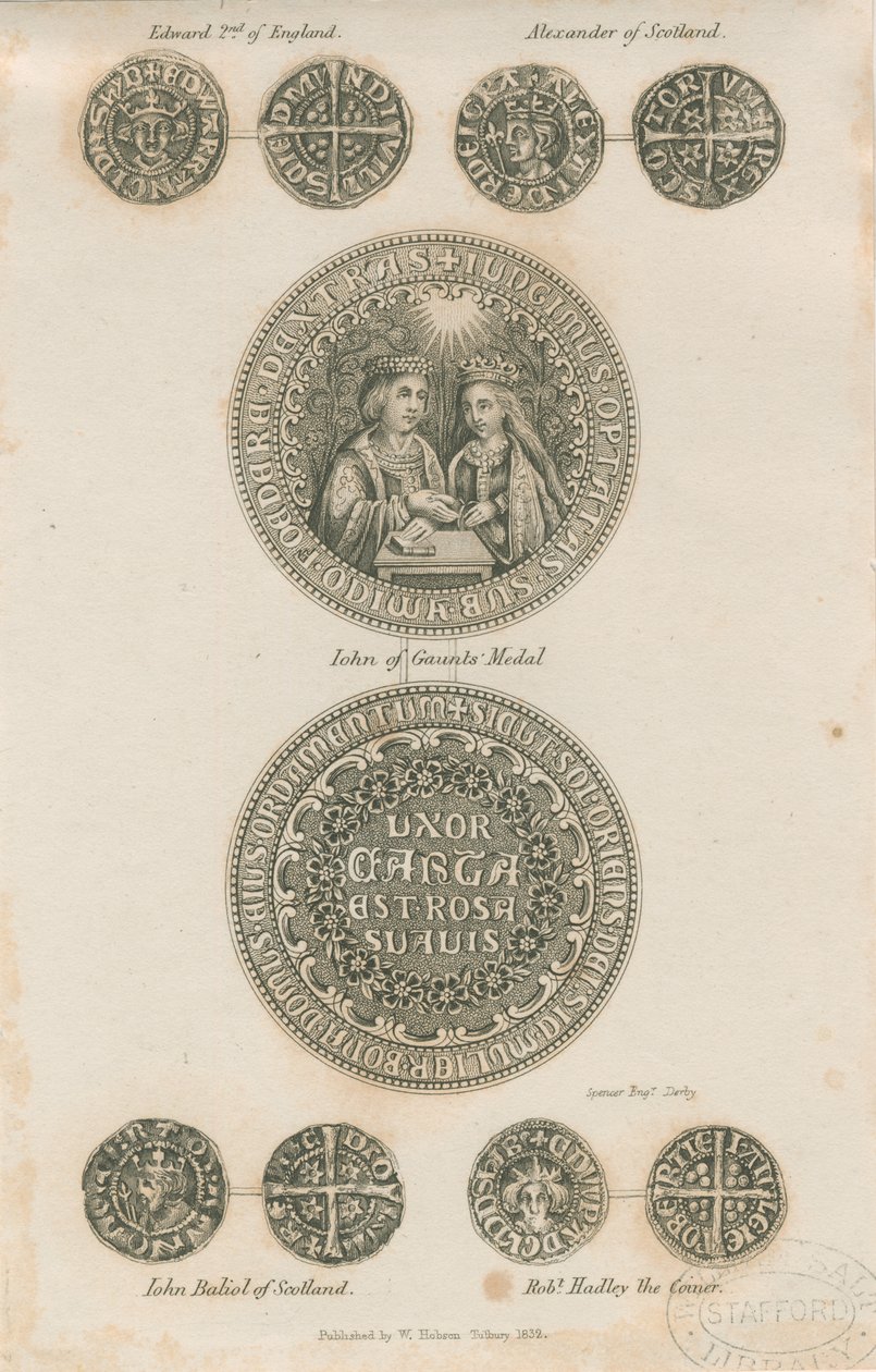 Tutbury - Plate of Medieval Coins: gravering, nd [c 1832] (trykk) av School English