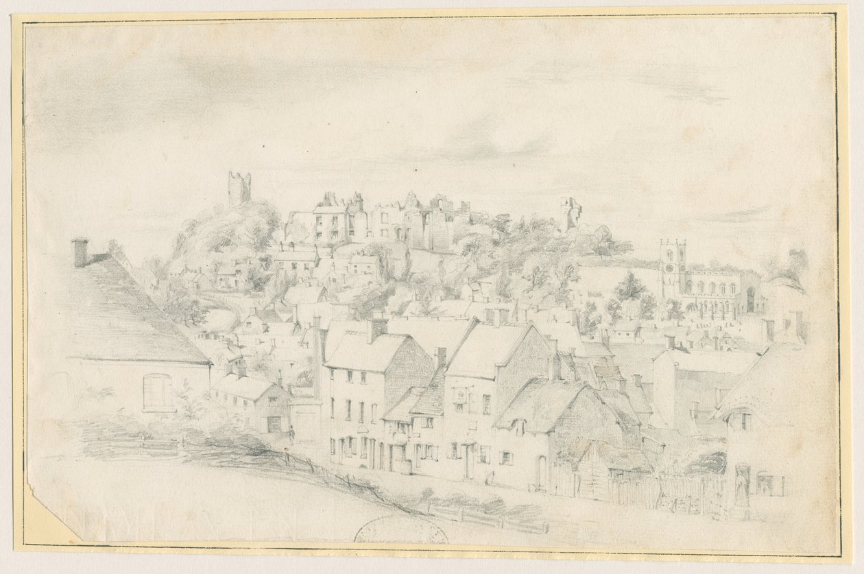 Tutbury - Town, Church and Castle: blyanttegning, nd [?1800-tallet] (tegning) av School English