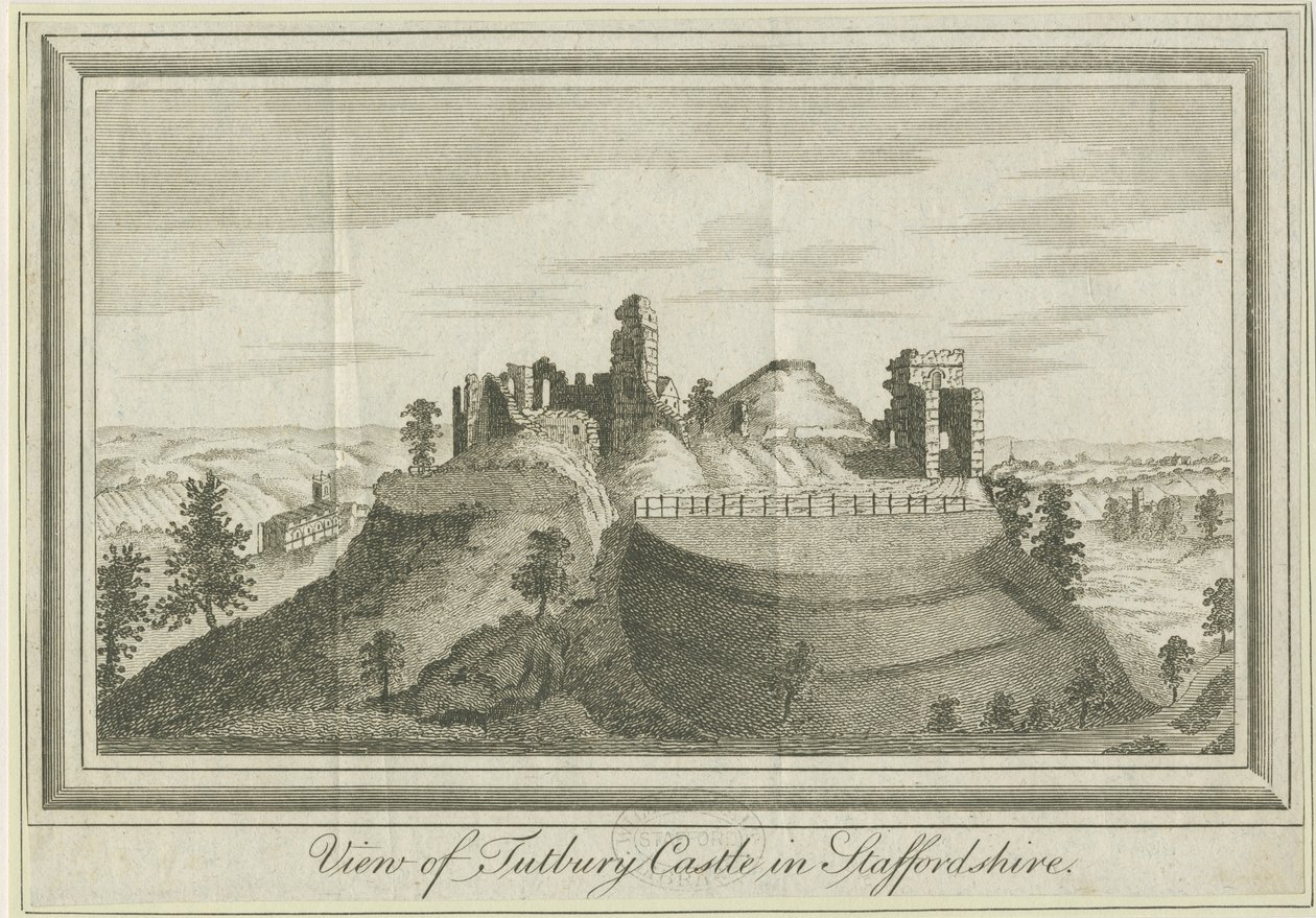 Tutbury Castle - East View: gravering, nd [1731] (trykk) av School English