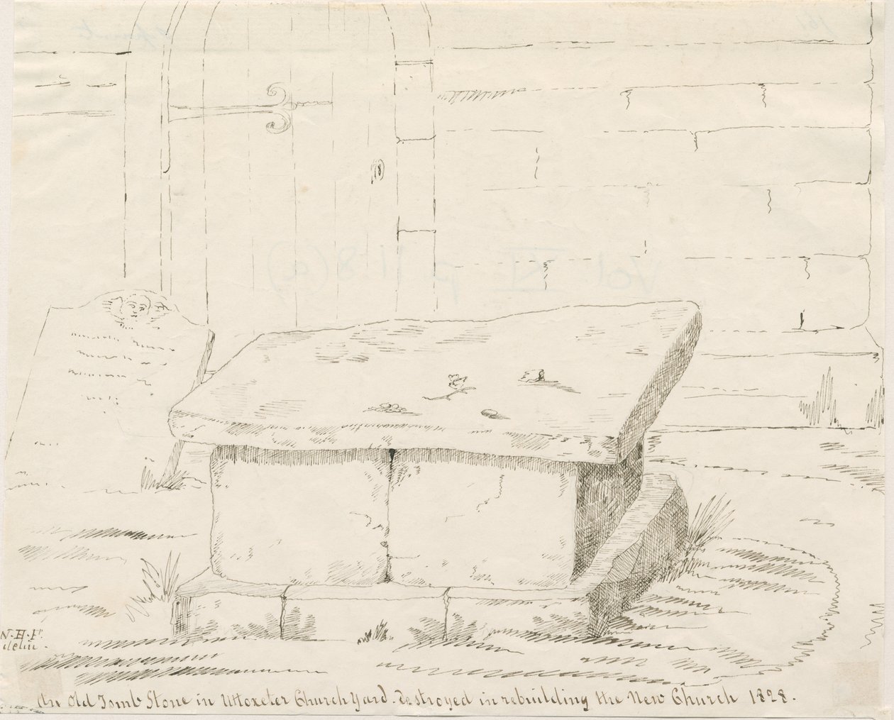 Uttoxeter Church - Old Tomb Stone: penn- og blekktegning, nd [midten av 1800-tallet] (tegning) av School English