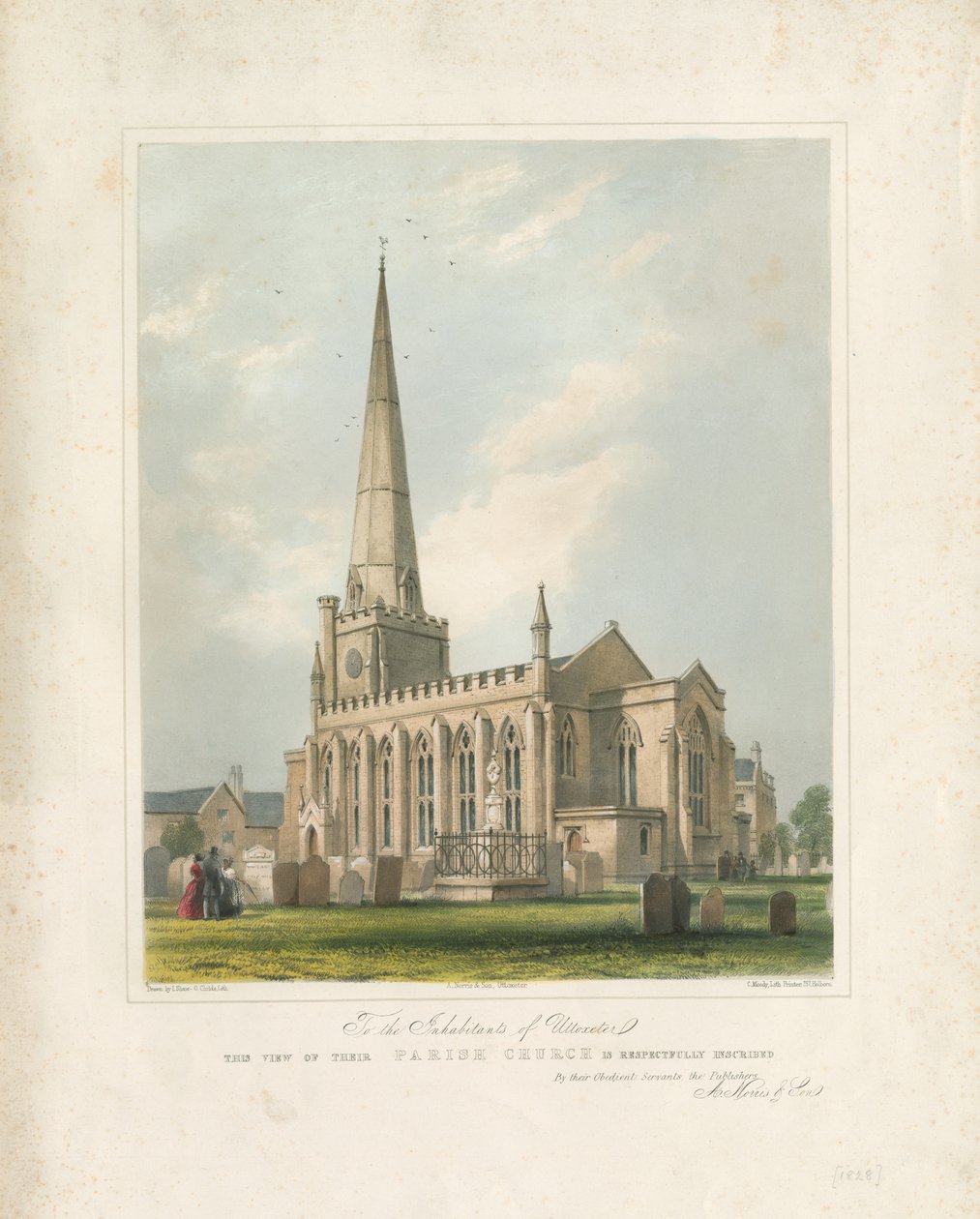 Uttoxeter kirke [Ny]: malt litografi, nd [c 1828] (trykk) av School English
