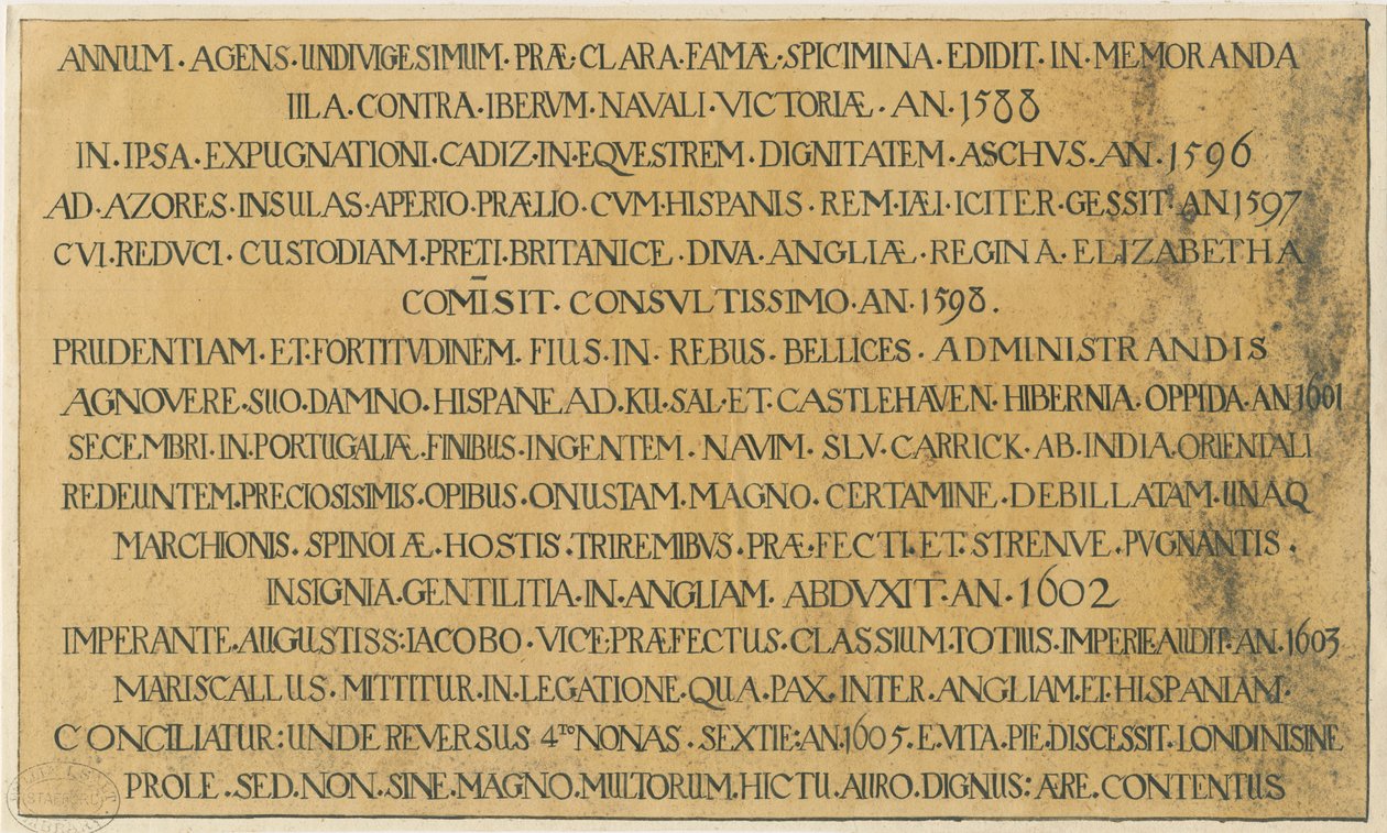 Wolverhampton - latinsk epitafium av admiral Richard Leveson i St. Peters kirke: penn- og blekktegning, nd [?1800-tallet] (tegning) av School English
