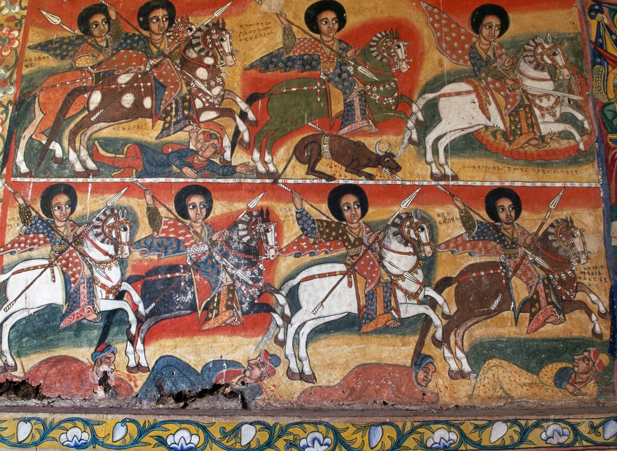 Riddere med lanser, malerier i Ura Kidane Meret-klosteret (1600-tallet), Greater Bahar Dar, Zege-halvøya, Etiopia, Detalj av School Ethiopian