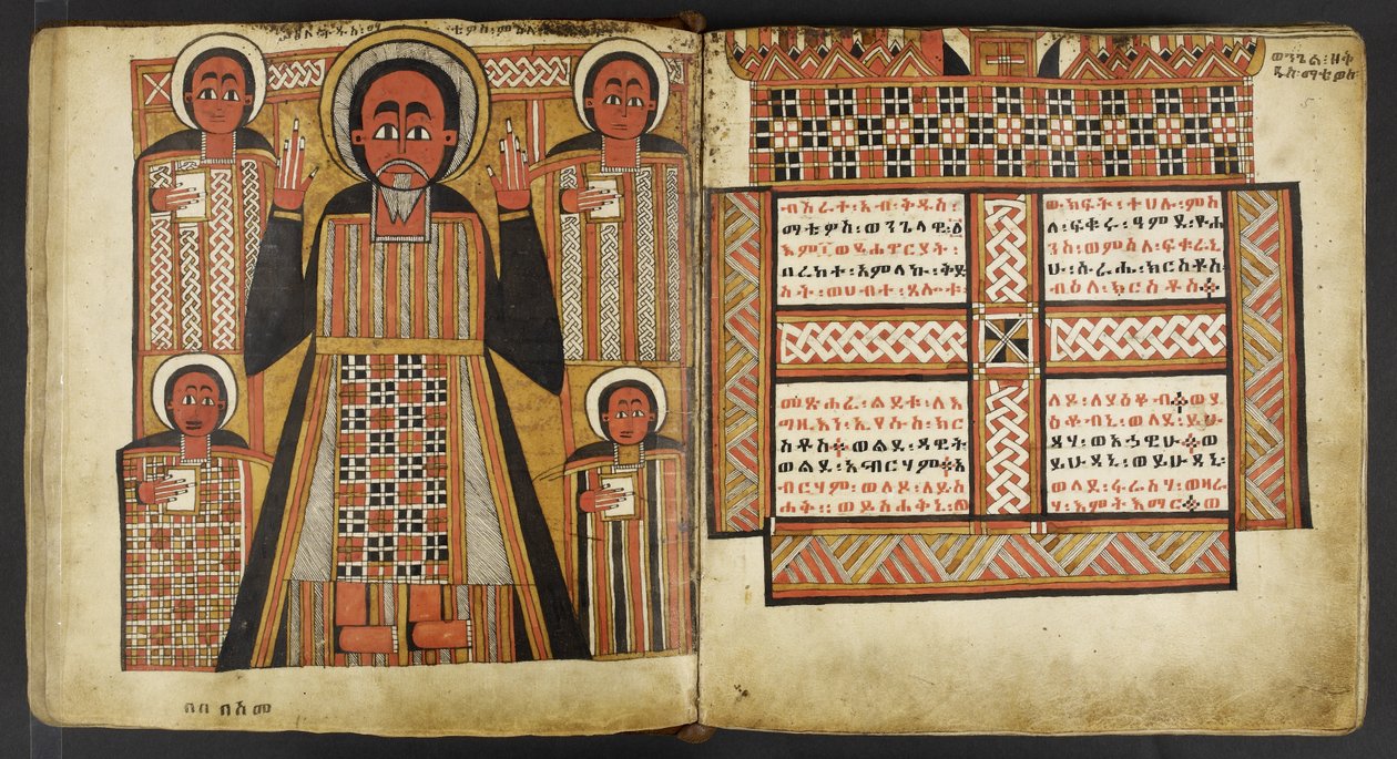 Eller. 516, f.4v, f.5r, fra 'De fire evangelier' (vellum) av School Ethiopian