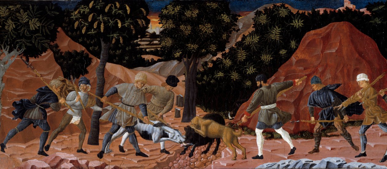 Villsvinjaktscene. Detalj. Anonymt maleri av den florentinske skolen. 1450-1460. Toulouse, Musée des Augustins av School Florentine